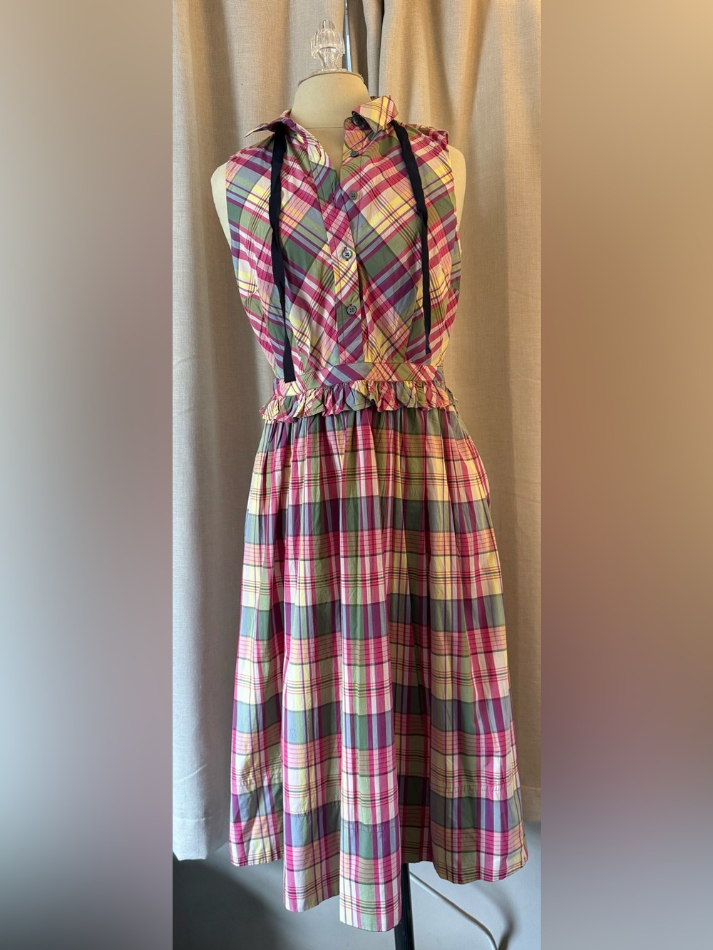 J. Crew Pink Green Plaid Sleeveless Button-Front Midi Dress